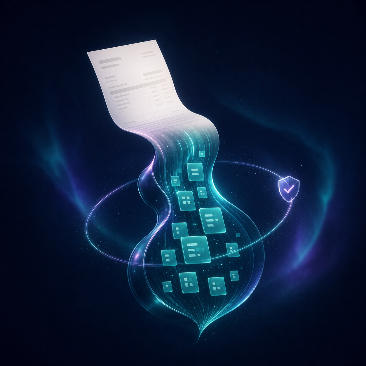 An invoice transforming into a flowing orbit of trusted structured data